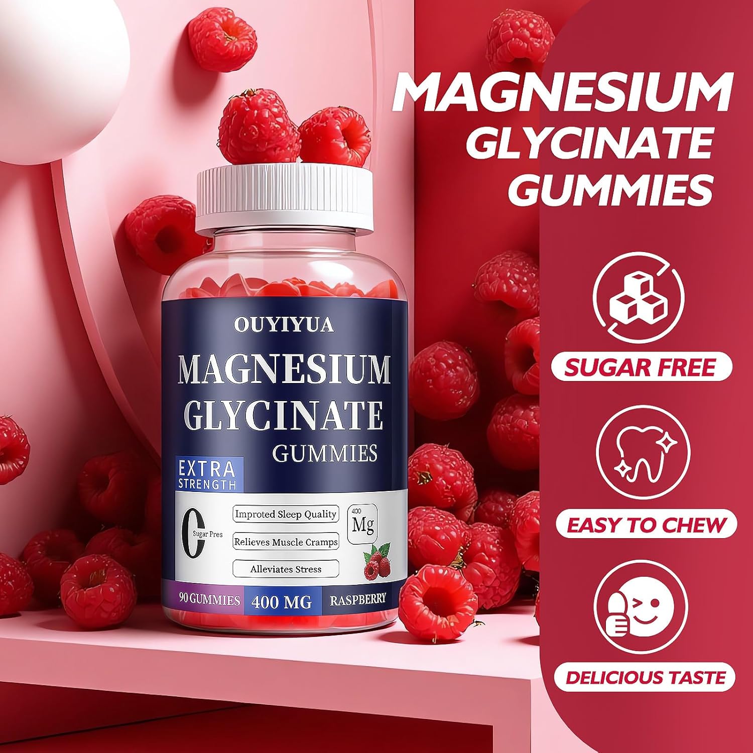 Magnesium Glycinate 400mg Gummies, Sugar Free Magnesium Gummies with Vitamins D, B6 for Sleep Support, Stress and Muscle Relief for Men and Women (2 Pack)