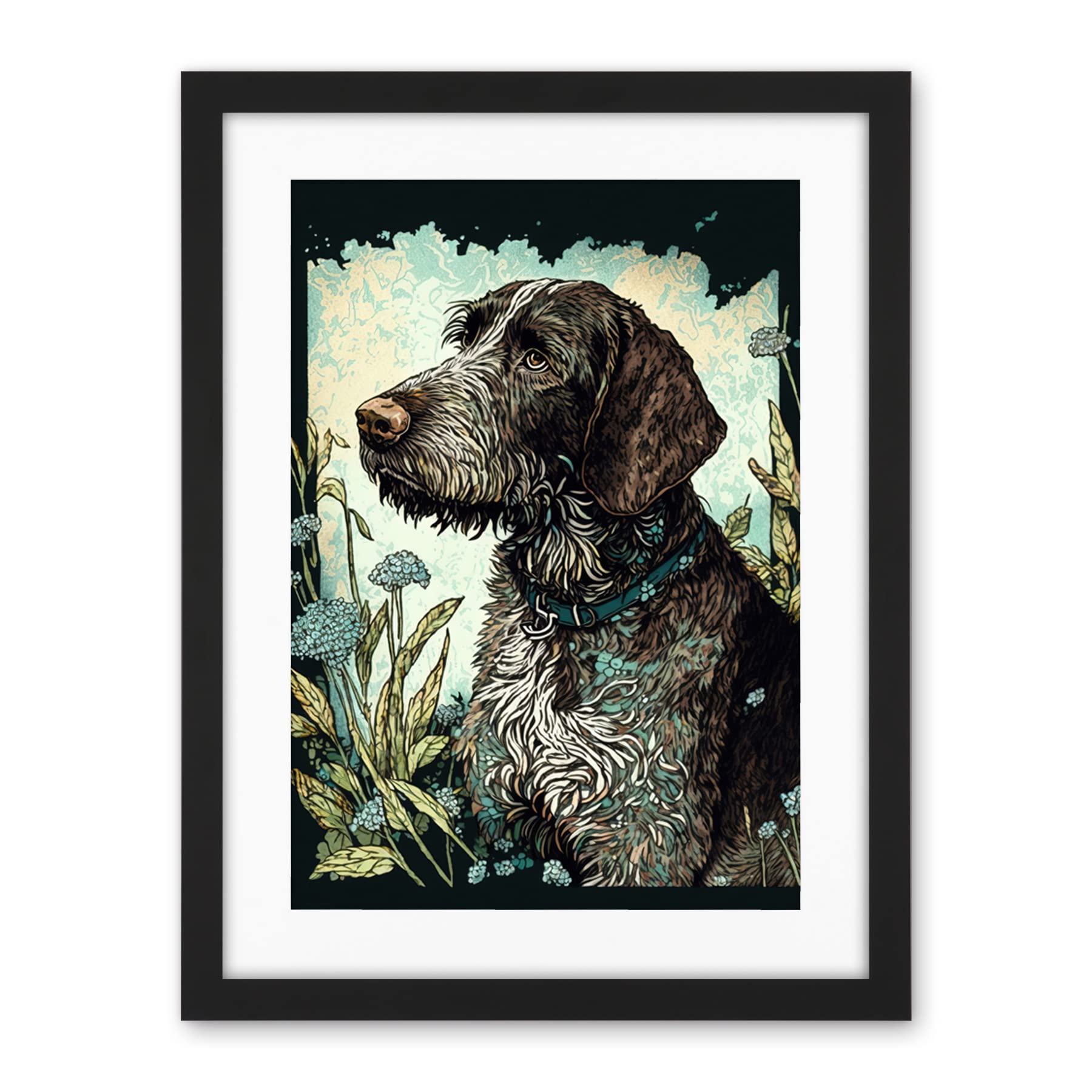 Artery8 German Wirehead Pointer Dog and Blue Wildflowers Modern Portrait Illustration Artwork Framed Wall Art Print 18X24 Inch