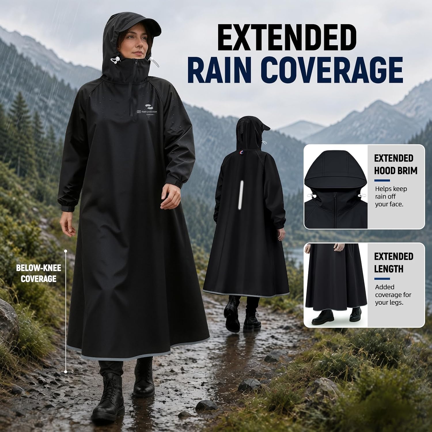 Rain Poncho for Women, Reusable Hooded Long Raincoat
