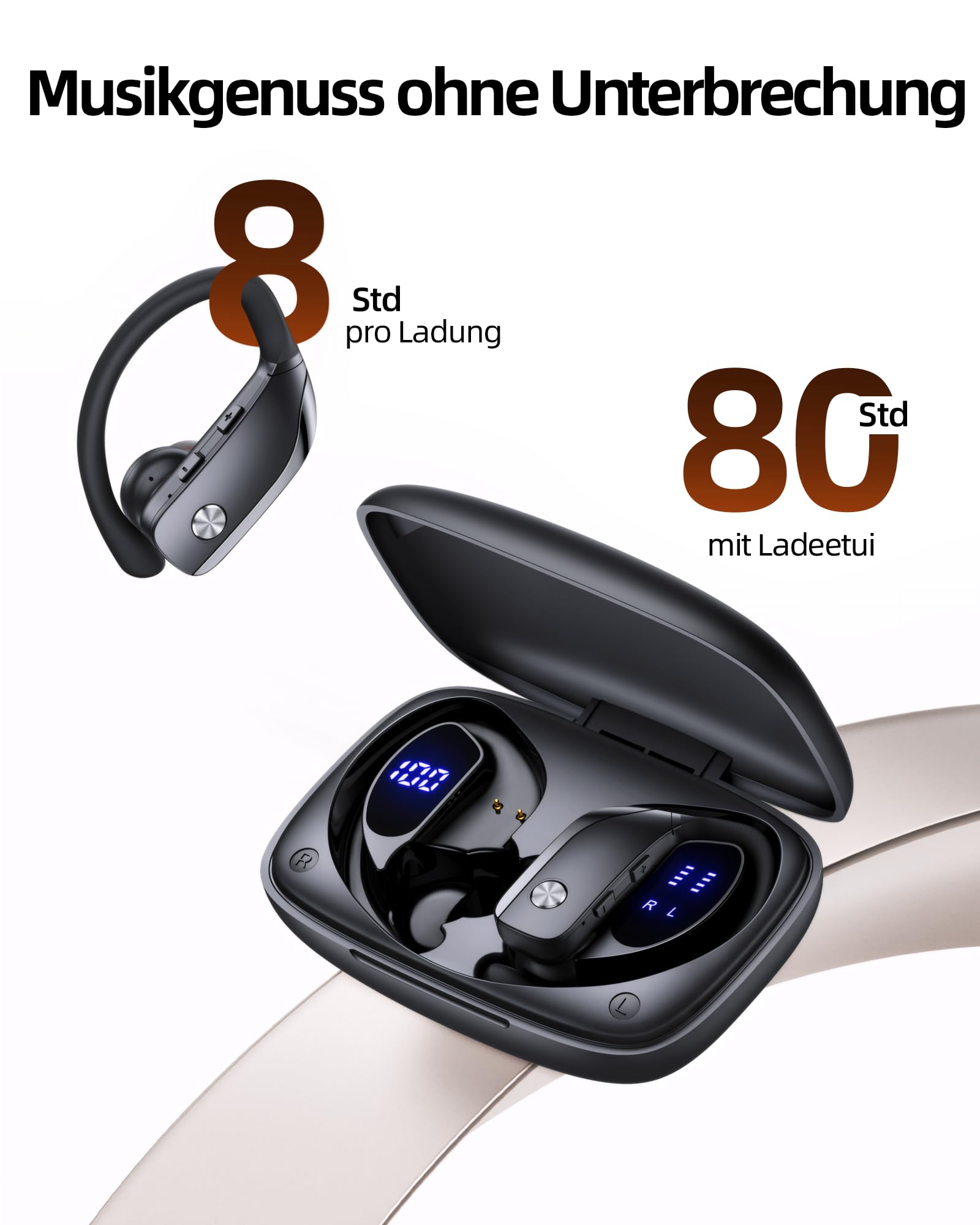 Sportowe słuchawki douszne Bluetooth, bezprzewodowe słuchawki douszne z odtwarzaniem 80 h, podwójny wyświetlacz LED, haczyk na ucho z mikrofonem, dźwięk stereo, łatwe sterowanie przyciskiem, sportowe