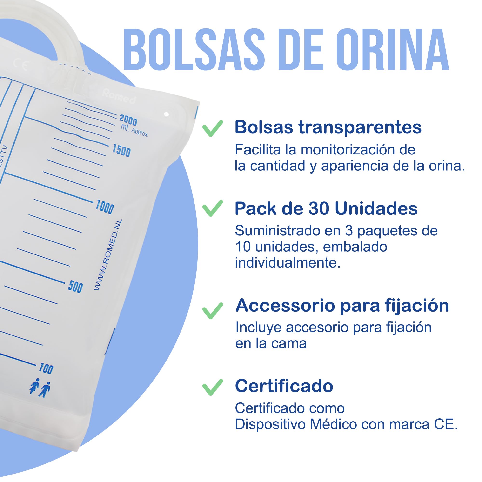 ROMED Bolsas de Orina 2 Litros Transparentes, Pack de 30 Unidades | Tubo Flexible de 90 cm, Válvula Anti-Reflujo, Colector Urinario, Para Incontinencia Hombre y Mujer