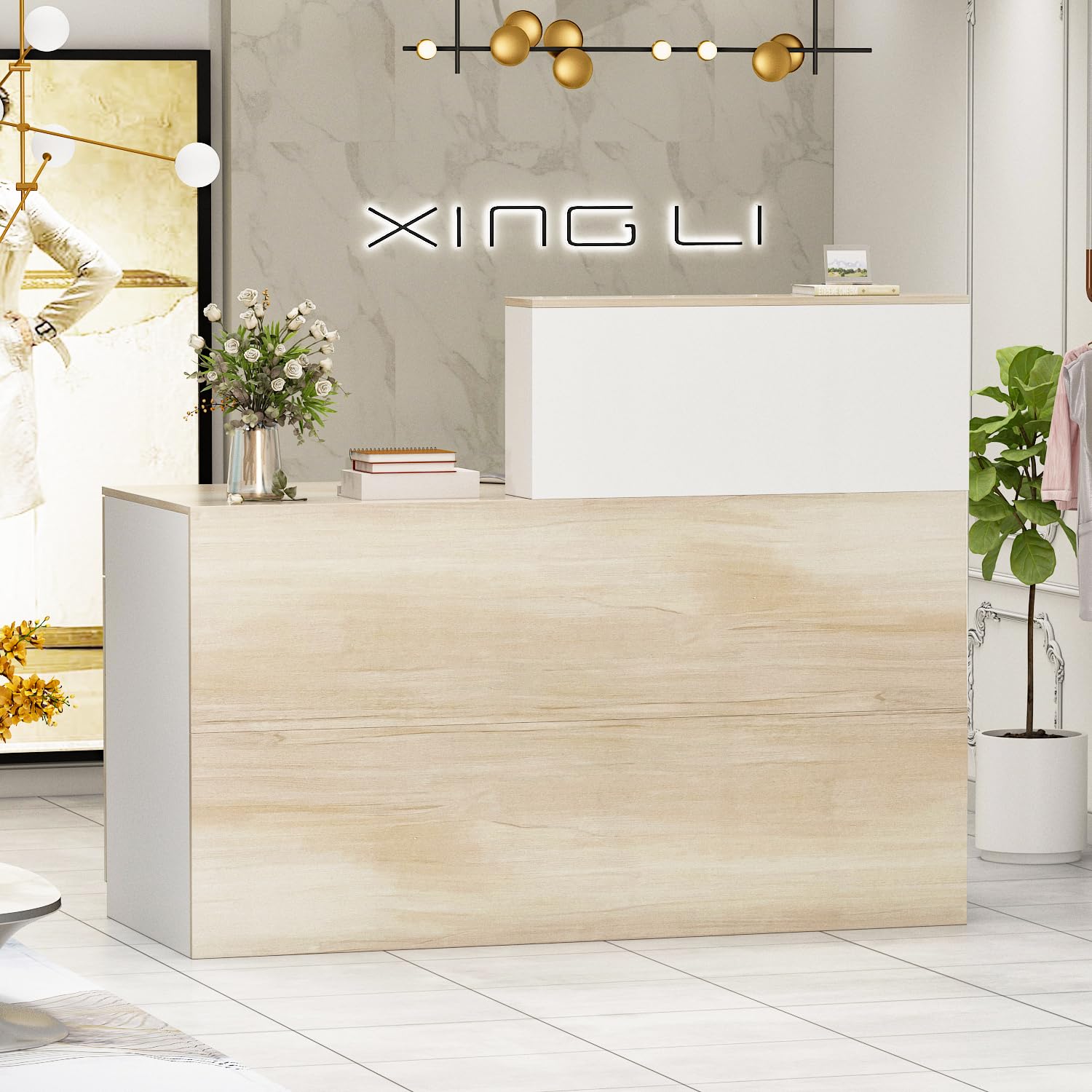 Mesa de recepción, mesa de recepción, mostrador de recepción con compartimentos abiertos, mostradores de recepción con 1 cajón y 1 armario, muebles de oficina, color madera y blanco, 140 X 60