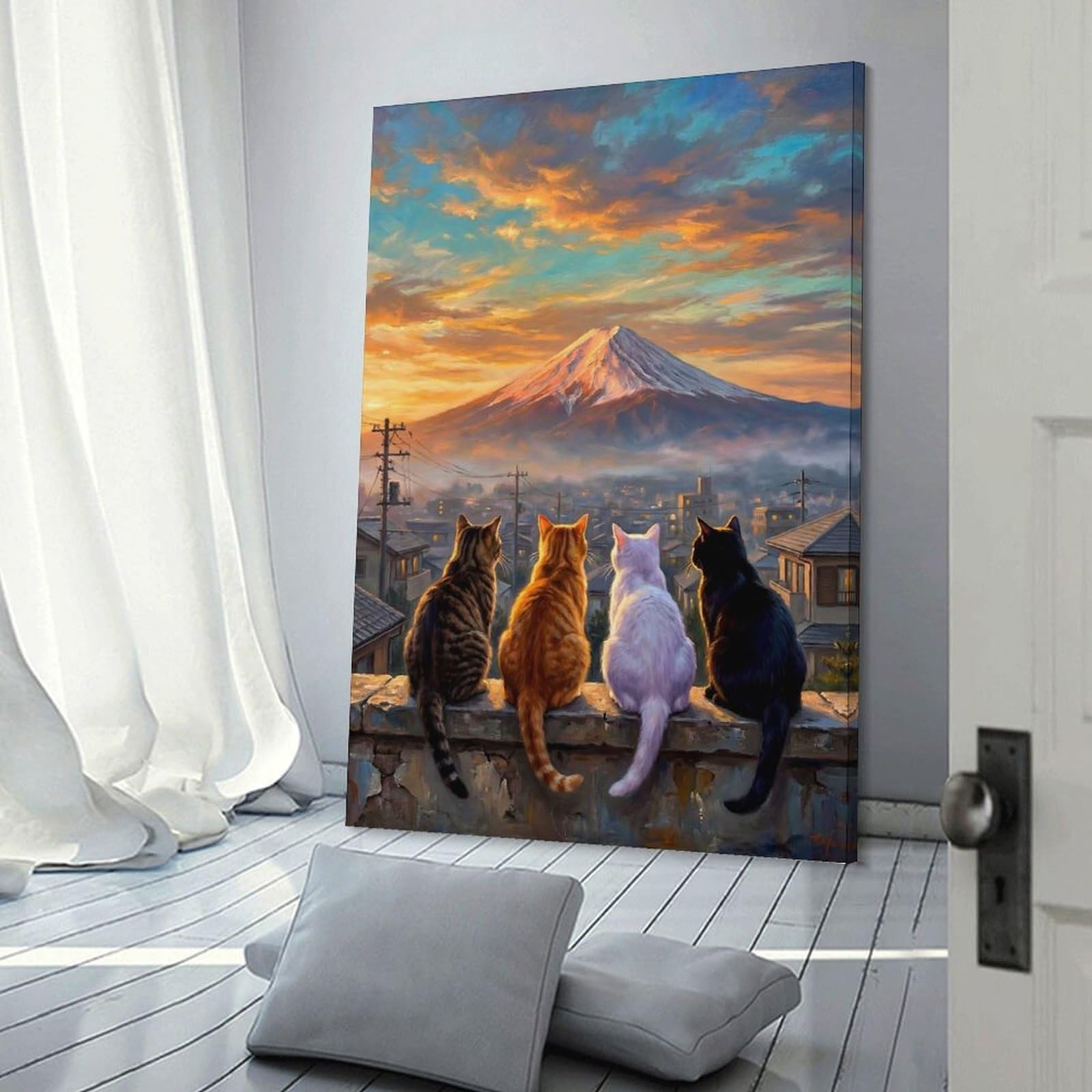 Junmoney Frame-Style-6-1 Canvas Wall Art Team Cat Looking Sunset Mount Fuji, 20X30inch(50X75cm), For Gallery Wall Decor And Room Displays, Decorative Artwork With Flexible Styling