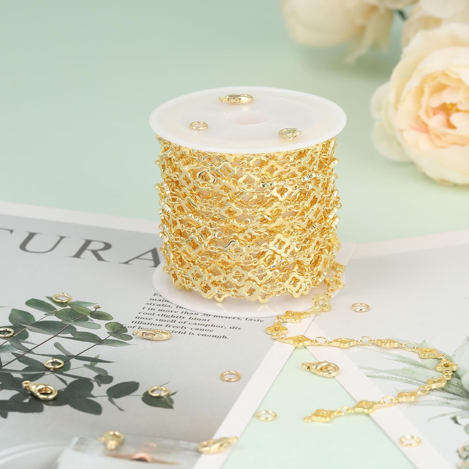 UMAOKANG 4 Meters 18K Gold Plated Brass Chain for Jewelry Making Lucky Clover Jewelry Making Chain Roll