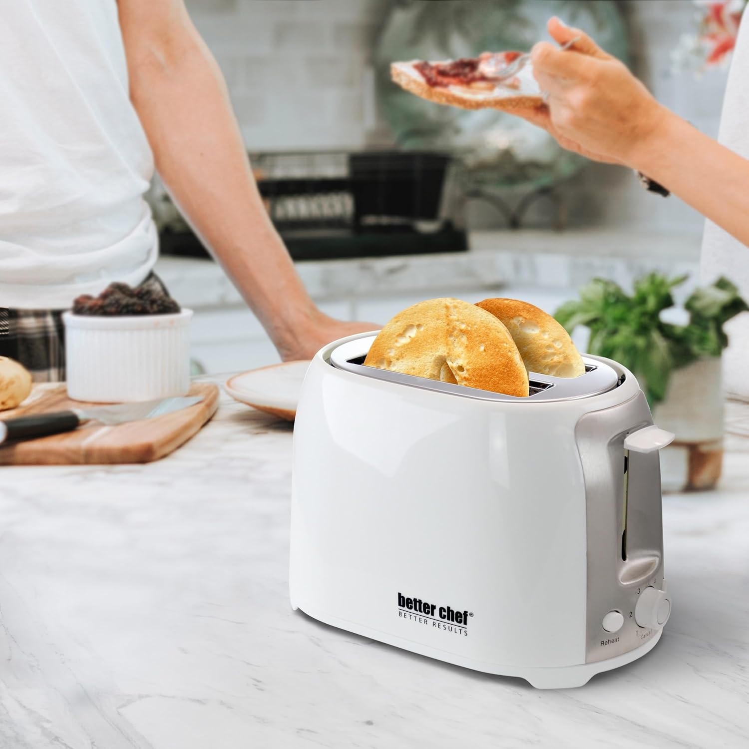 Better Chef 2-Slice Toaster | Wide-Slot | Cool Touch | Reheat & Defrost | Brushed Stainless Trim (White)