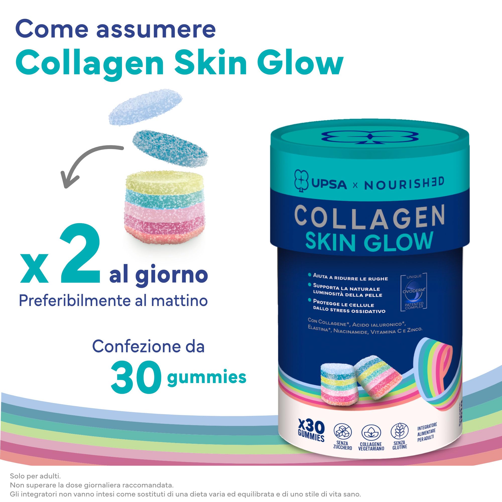 UPSA x Nourished Collagen Skin Glow, con Niacinamide 60 Gummies, Bipacco | Integratore Alimentare con Ovoderm, Niacinamide e Vitamina C, Caramelle Gommose Gusto Frutta, Senza Zucchero, Vegetariano