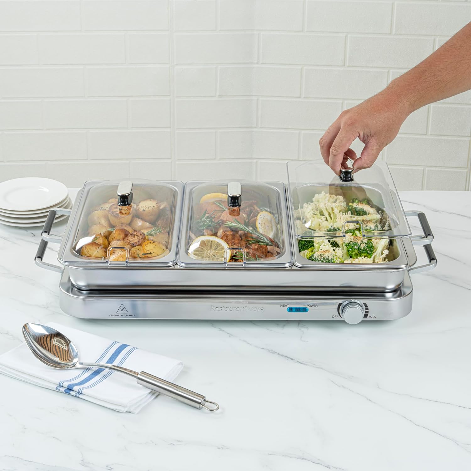 Restaurantware-Kitchen Tek Electric Food Warmer, 1 Buffet Server with Temp Control - Includes 3 x 2.5 Quart Buffet Pans and 1 x 7.5 Quart Warming Tray, Portable, Stainless Steel Chafing Dish Set