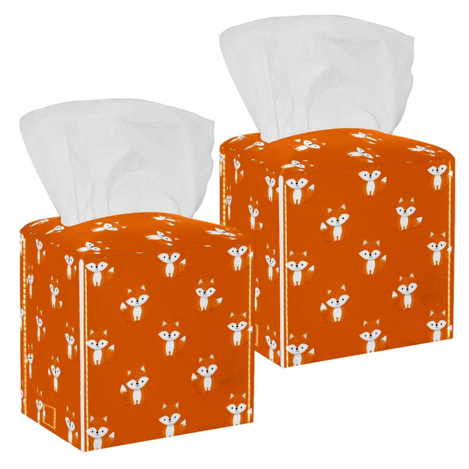 Cartoon Little Fox Tissue Box Cover, 2 Pack PU Leather Square Facial Tissue Dispenser Box holder for Home Office Car
