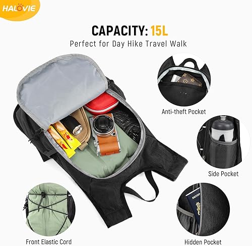 Miniatura 3 de HALOVIE Mochila de senderismo plegable de 15 L con bolsillo para teléfono, mochila de viaje ligera con correa para el pecho, paquete pequeño