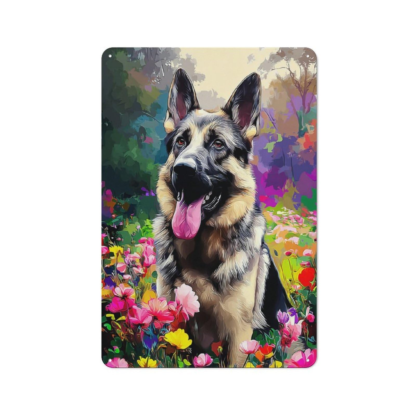 Junmoney German Shepherd In A Floral Garden Retro Tin Sign 30X20cm For Pub Or Café, For Collectors Building A Themed Wall Display