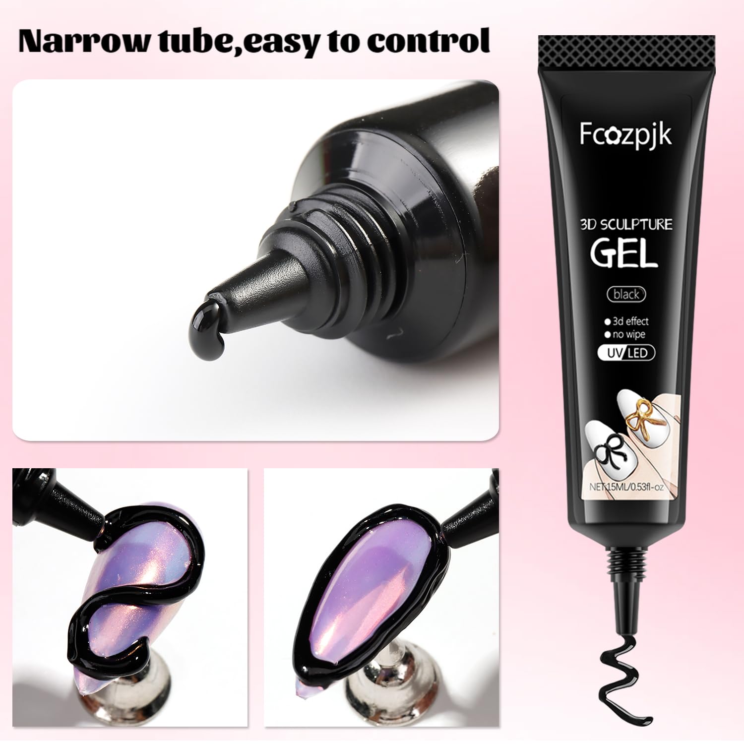 Fcozpjk 3D Gel Nail Art Kit – No Wipe Black and Clear Sculpting Gel for Embossing Painting Design with Gold Silver Chrome Powder 3D Liner Gels Flowers Carving Modeling Decor Salon Supplies 15ML 2PCS