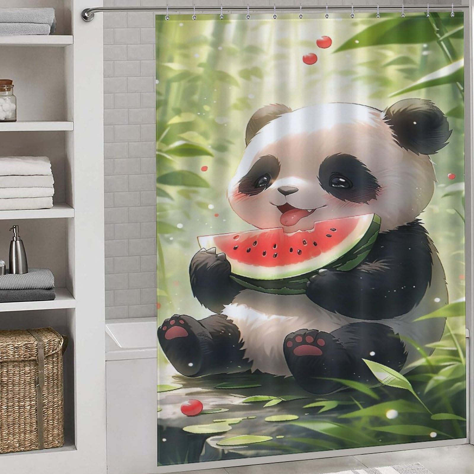 Rideau de douche panda séchage rapide en tissu polyester avec 12 crochets