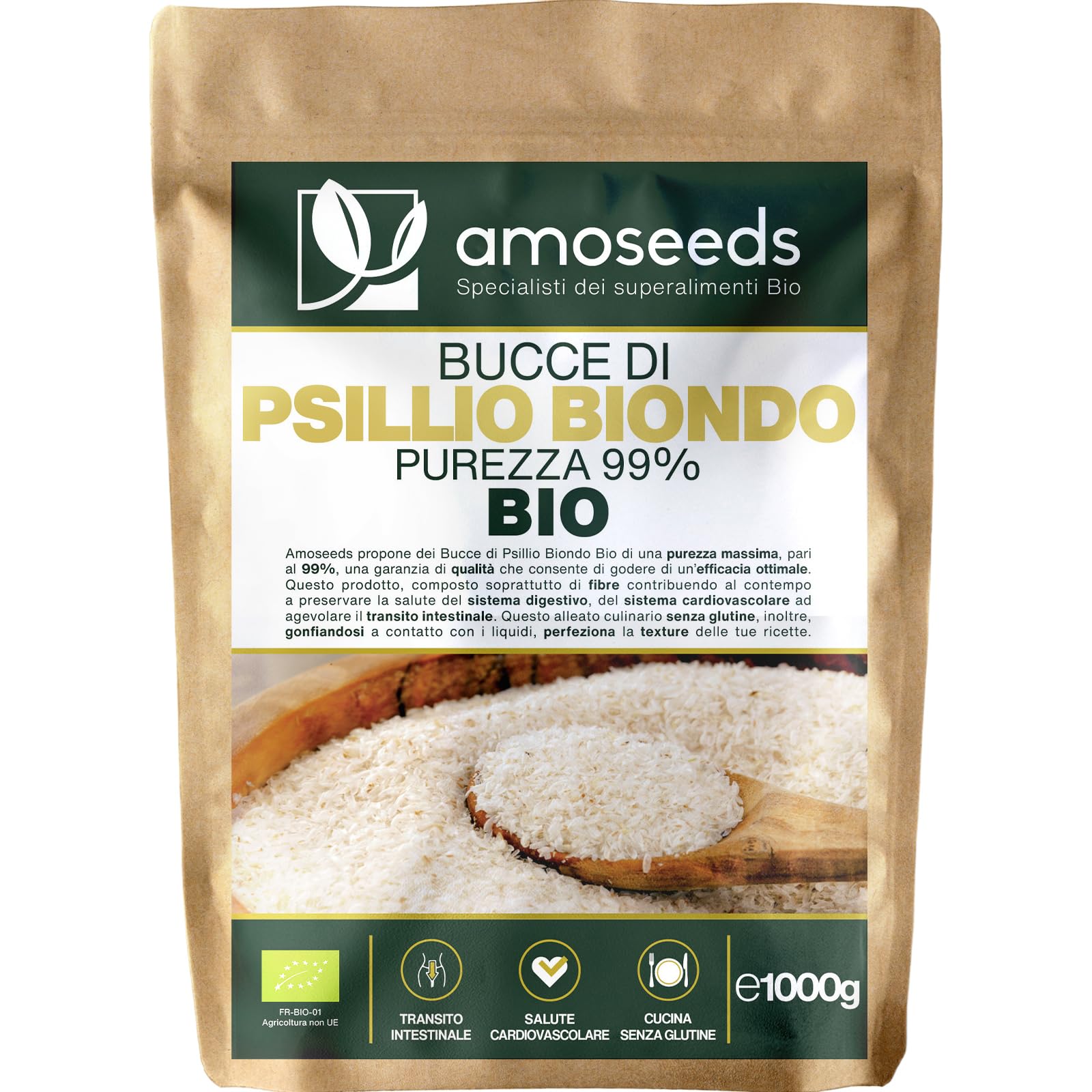 Bucce di Psillio Biondo BIO 1KG | Purezza Massima 99% | Psilio Indiano, Naturale, Puro, Ricco di Fibre | Transito, Digestione, Senza Glutine | Qualità Superiore (1kg)