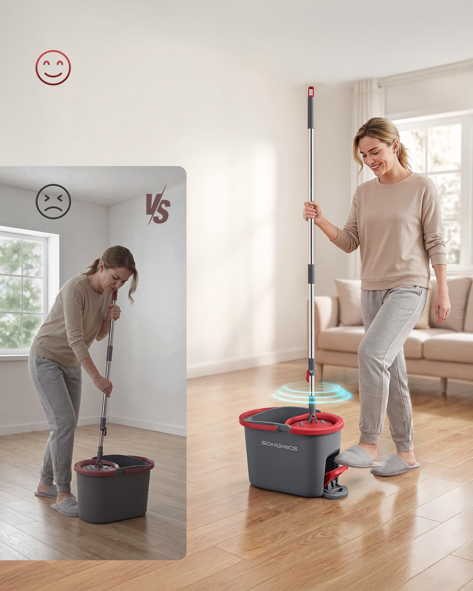 SONGMICS Mop Obrotowy z Wiadrem, z 2 Wkładami z Mikrofibry | Zestaw do Sprzątania, Stal Nierdzewna, 44 x 29 x 27,8 cm, Szary i Czerwony, Kolekcja CLEMAX LMB002GT02
