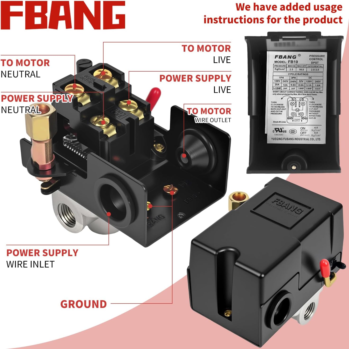 Air Compressor Pressure Switch Control Valve, 90-120PSI Pressure Regulator with Pressure Gauges Fittings Set