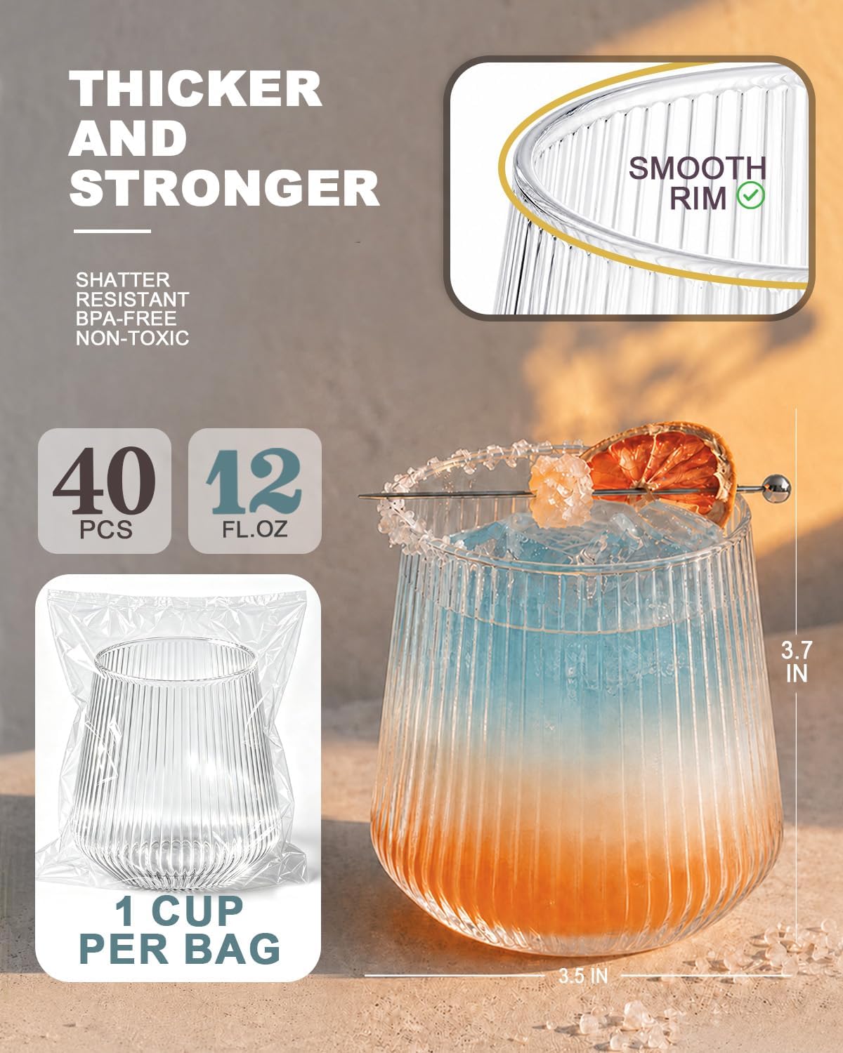 40 Pack Ribbed Plastic Wine Glasses, 12 Oz Disposable Cocktail Glasses