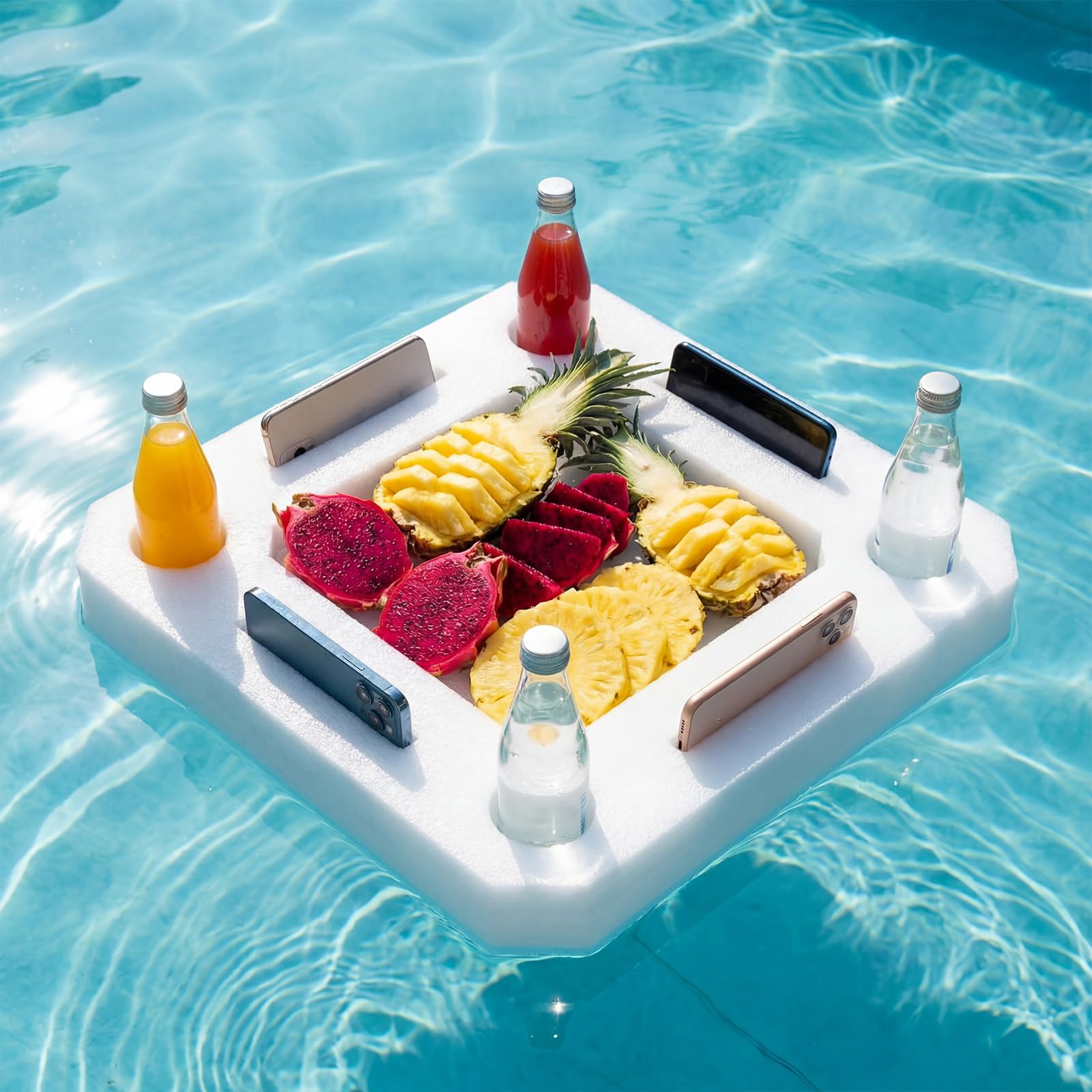Qinyoung Grande portabevande galleggiante bianco, vassoio per rinfreschi, vassoio portatile per piscina, accessori per piscina, vasca idromassaggio, spiaggia e decorazione per feste (quadrato a