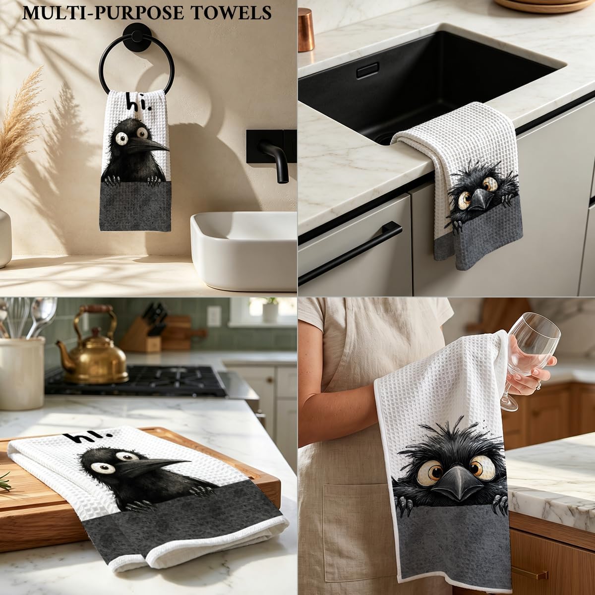 2 Pcs Cute Crow Hi Kitchen Towels, Crow Gifts Reusable Hand Towel | Crow Decorative Waffle Dish Towels for Kitchen Home Bathroom Decor, Animal Crow Gifts for Women Mom 14x24 Inch