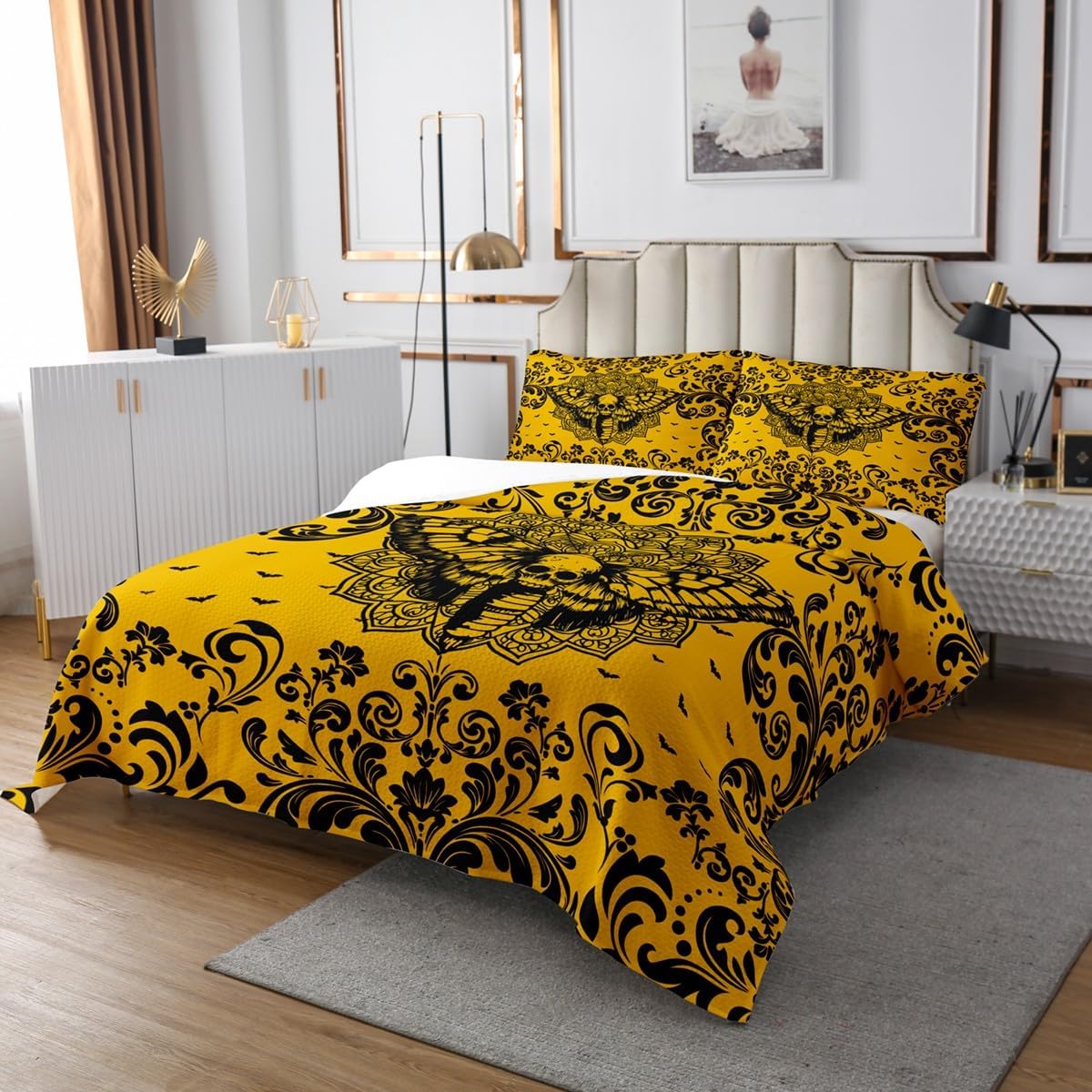 Erosebridal Halloween Moth Pattern Coverlet Set Queen Turquoise Black Gothic Bedspread Goth Boho Damask Floral Quilt Set for Kids Adults,Halloween Animal Print Bedding Quilted