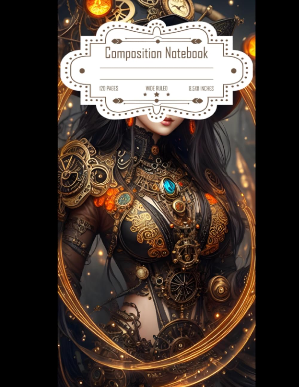Composition Notebook Wide Ruled: Steampunk [Insanely Detailed and Intricate], Glitter Black and Orange, Hyper-Maximalist, Elegant Design, Size 8.5x11 inch, 120 Pages"