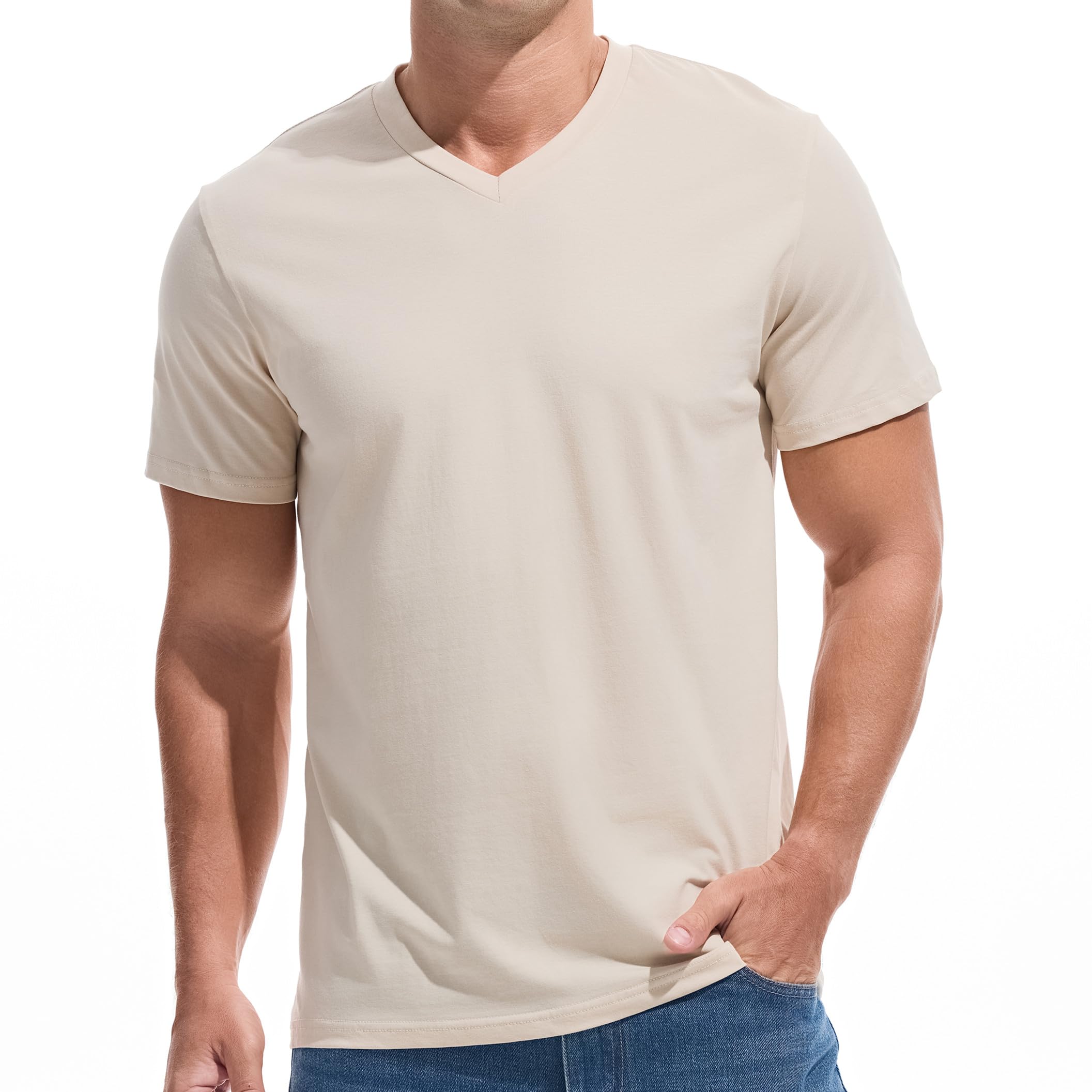 VEIISAR Herren V-Ausschnitt T-Shirt, 190g/m², Regular Fit, einfarbig, Stretch Material, weiches Basic Shirt