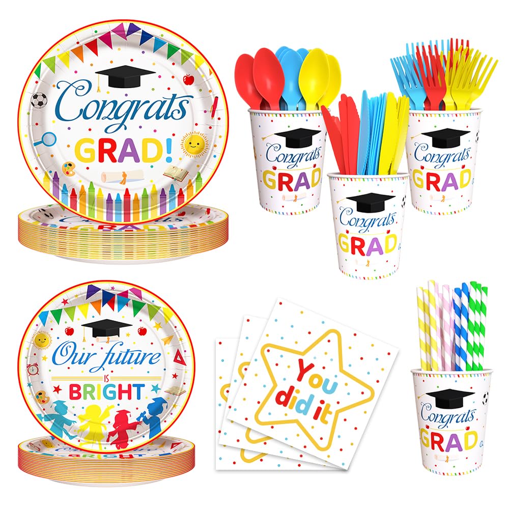 AIBIIN 192 Pcs Kindergarten Graduation Party Decorations 2026 Preschool Graduation Party Supplies Congrats Grad Disposable Tableware Set with Plates