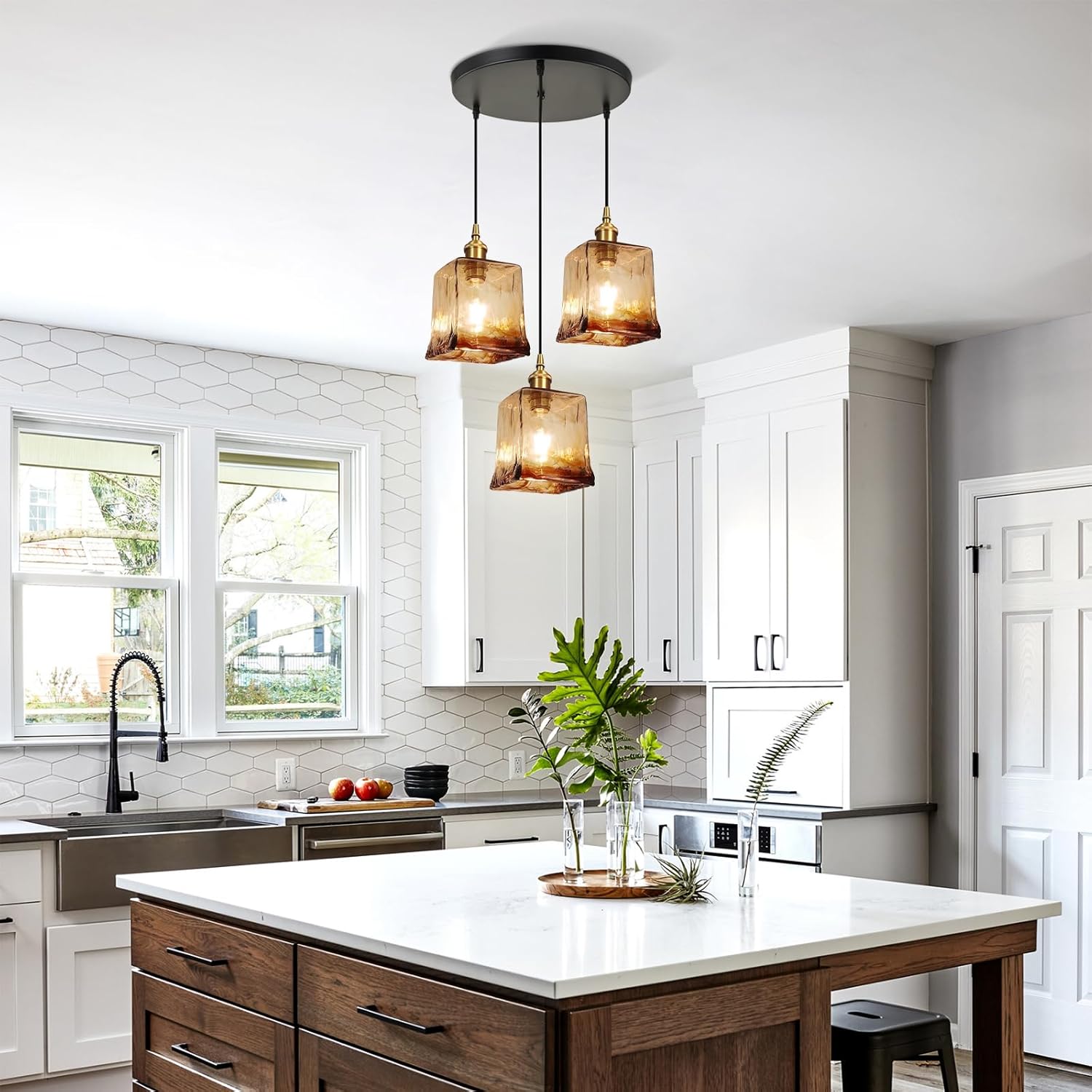 Vintage Over Table Chandelier 3-Light Cluster Pendant Lighting Amber Glass Hanging Pendant Light Black Mid Century Chandelier for Farmhouse Kitchen Island Dining Room, Easy to Install