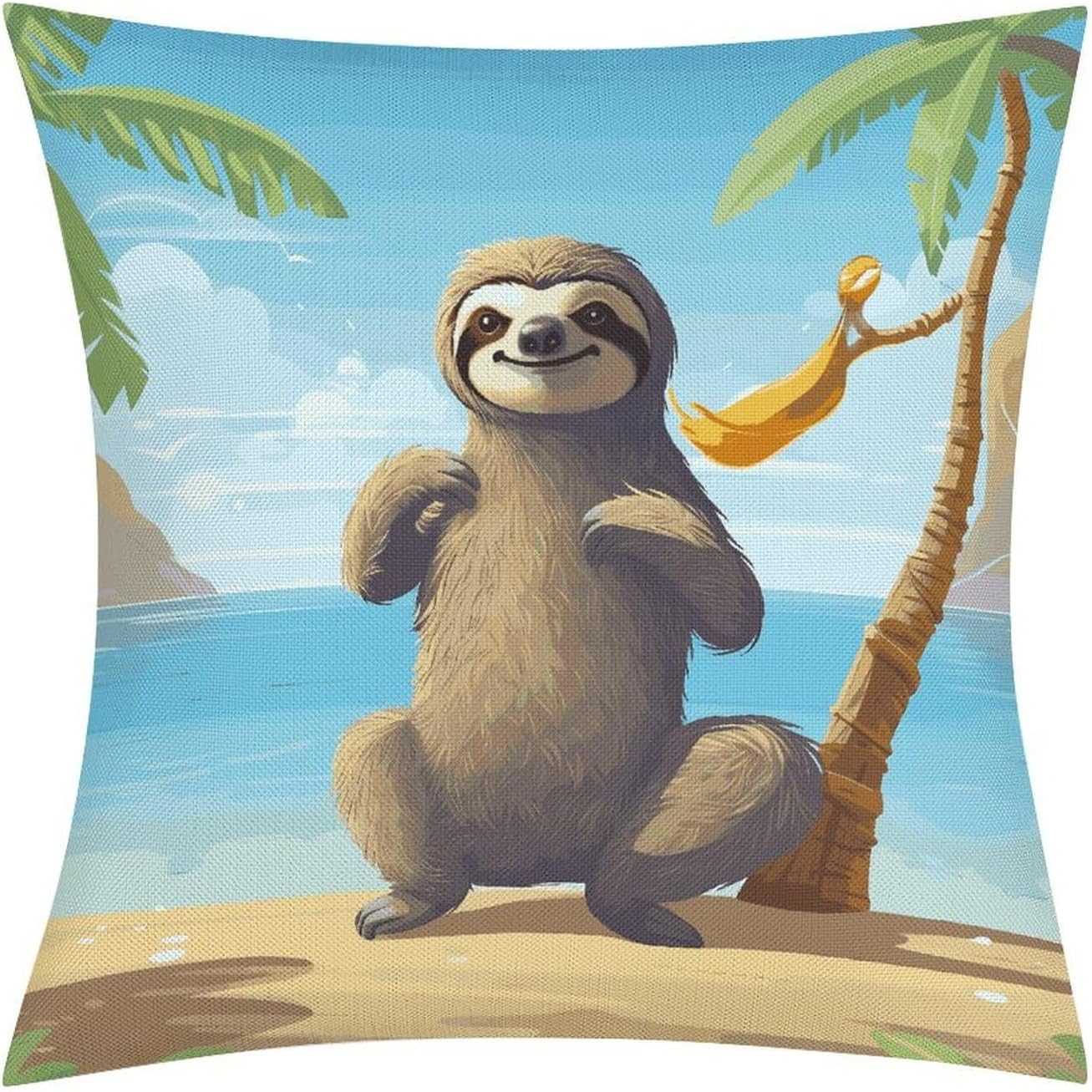 Sloth on Beach Pillow Protectors Cute Waterproof Pillow Cover Soft Skin-Friendly Cushion Case Decorative Square Cushion Cover for Couch Sofa Bed Living Room Bedroom