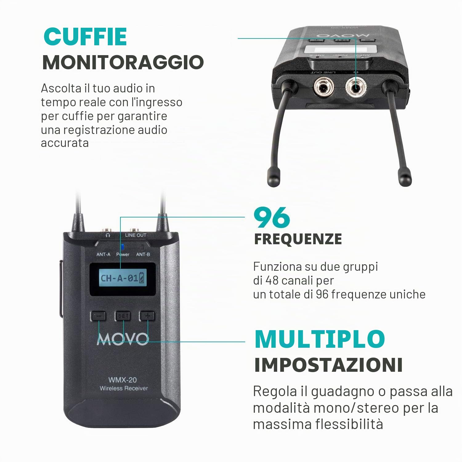 Movo Sistema Microfono Lavalier Wireless UHF a 48 Canali WMX-20-DUO con 1 Ricevitore, 2 Trasmettitori e 2 Microfoni con Risvolto Compatibile con Fotocamere DSLR (Gamma Audio 100 Metri)