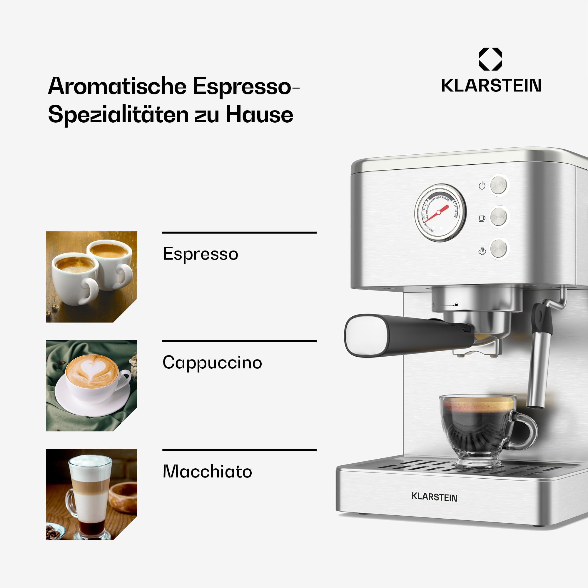 Klarstein SteelPresso Siebträgermaschine – 20-Bar, 1350 W, Edelstahl, Dampf-Funktion, 1,5-L-Wassertank, Kompaktes Design, Mechanische Steuerung, Warmhalteplatte
