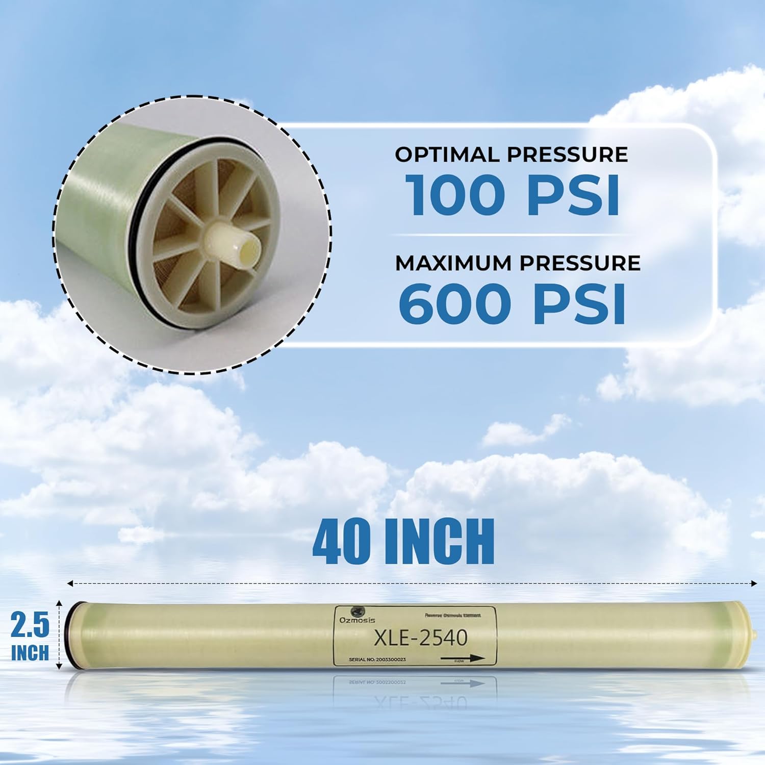 Ozmosis XLE-2540 Reverse Osmosis RO Membrane 2.5"x40" Extra Low Energy, 900 GPD Water Filtration, 600 PSI Pressure rating With 99.7% Salt Rejection, Compatible and Durable