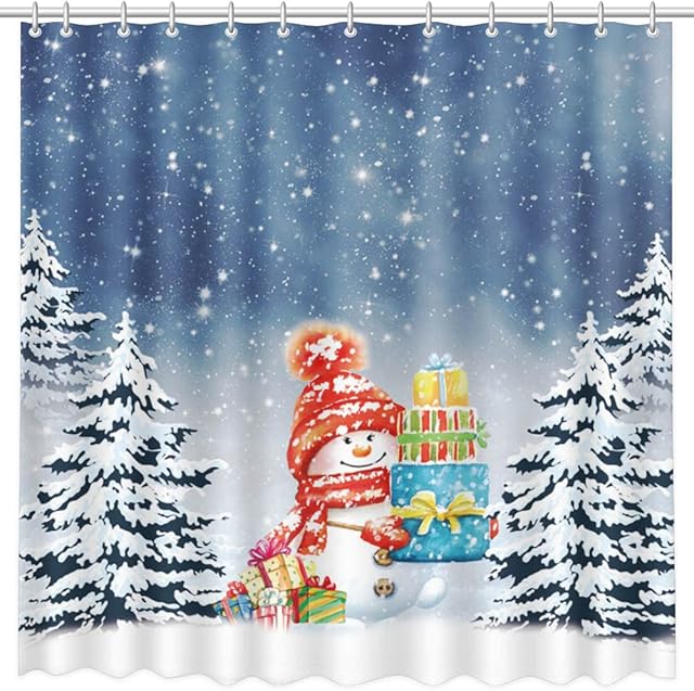 MEHOFOND 72x72inch Winter Christmas Shower Curtain Snowman Gift Box Snowflake Pine Bathroom Curtain Modernize Waterproof Family Tub Decoration Polyester Fabric With 12 Hooks