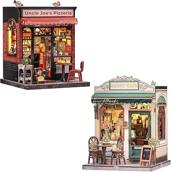 Book Nook Kit - 3D Wooden Puzzle, DIY Miniature House Dollhouse Kit for Adult and Teens,Tiny House Bookshelf 3D Wooden Puzzle, Gifts for Family Uncle Joes Pizzeria & Sunny Cafe