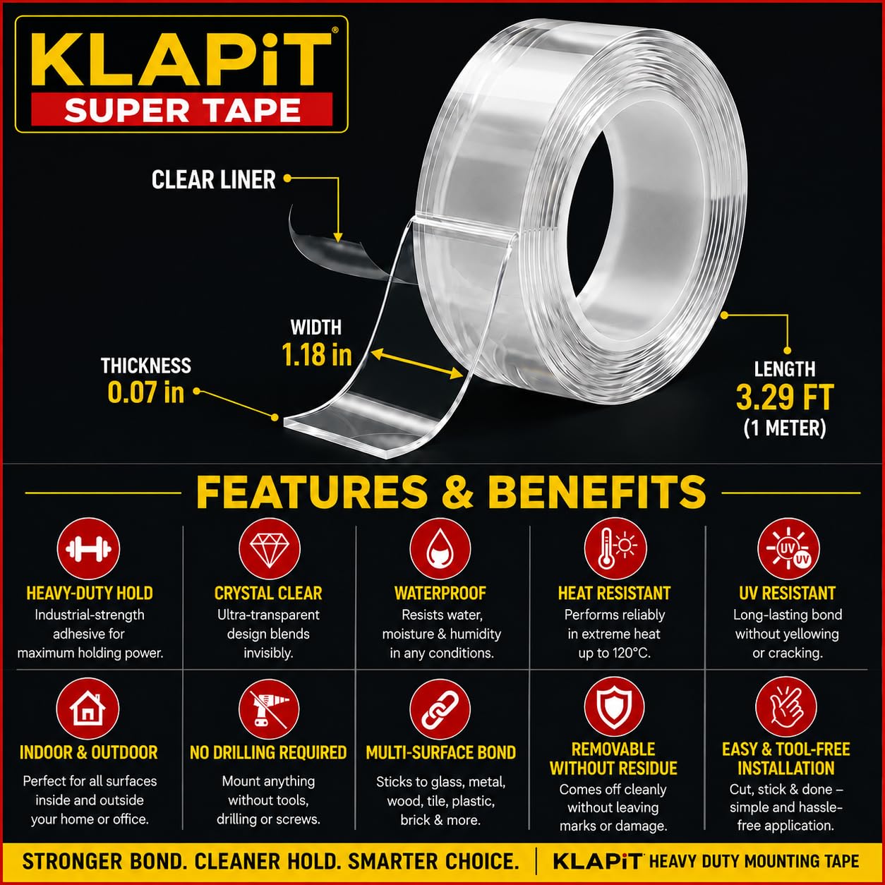 KLAPiT Super Tape | Clear Double-Sided Nano Tape (1M Holds 41Kg) | Heavy Duty Strong Adhesive for Wall, Tile, Glass, Metal | Indoor Outdoor Mounting Tape - Tough1M