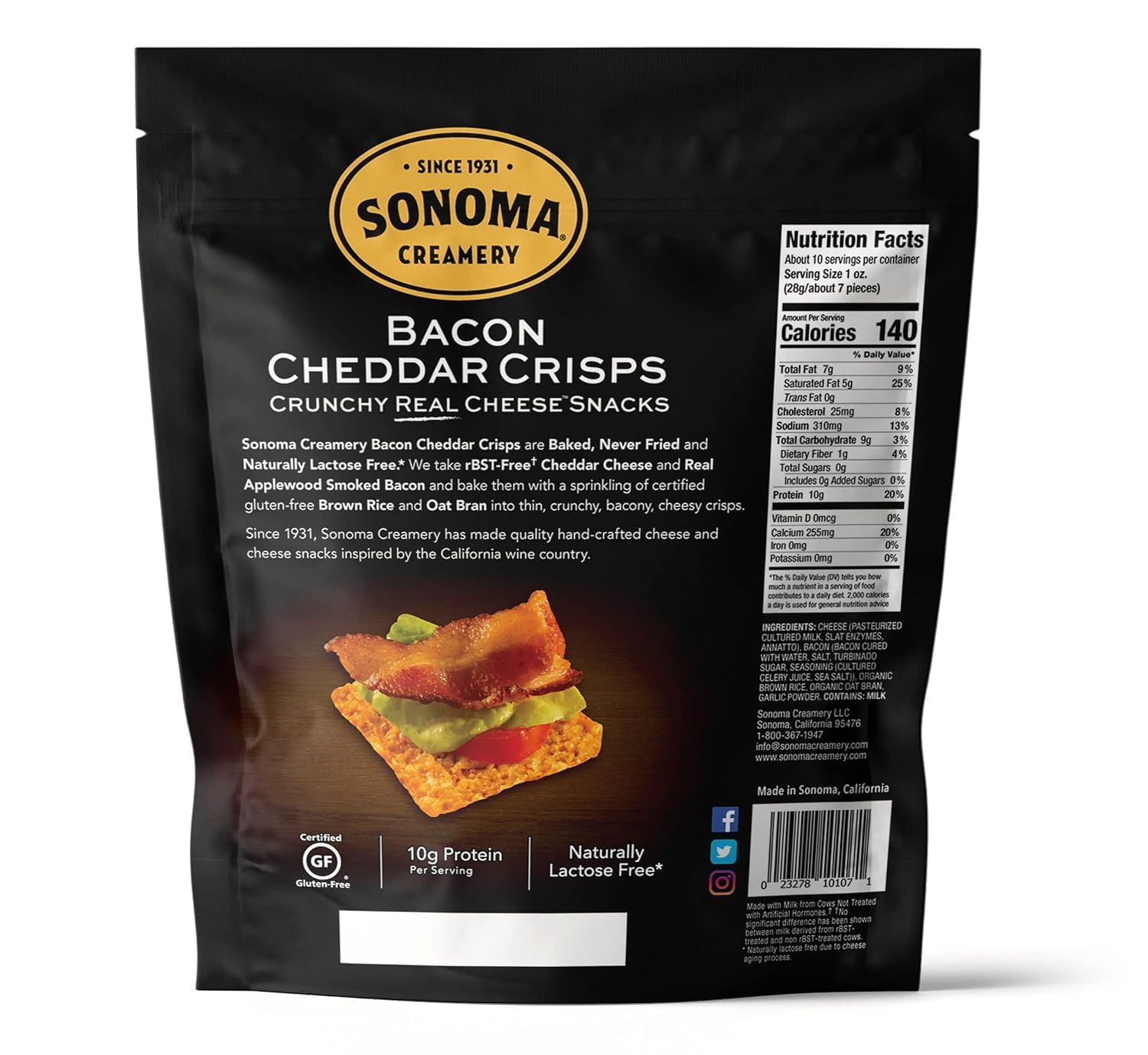 Sonoma Creamery - Cheese Crisps, Bacon Cheddar, 10 Oz (Pack of 3 | Savory Snack | High Protein | Low Carb | Gluten Free | Keto-Friendly