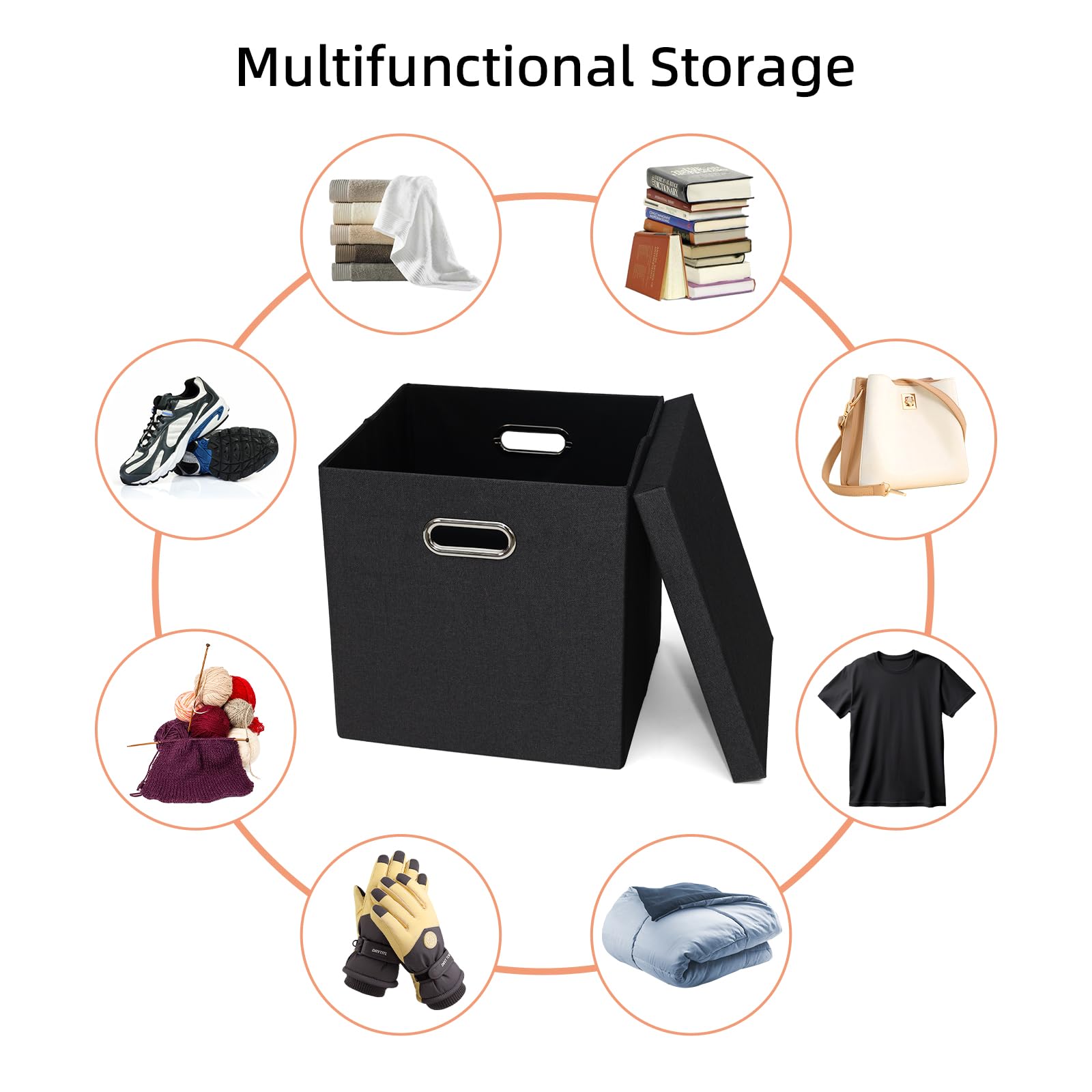 Aufbewahrungsbehälter mit Deckel, Leinen Stoff Boxen Organizer Container mit Deckel faltbare Lagerung Box Korb für Schrank, Regale, Haus, Büro, 30,5 x 30,5 x 30,5 cm, 4 Stück, schwarz