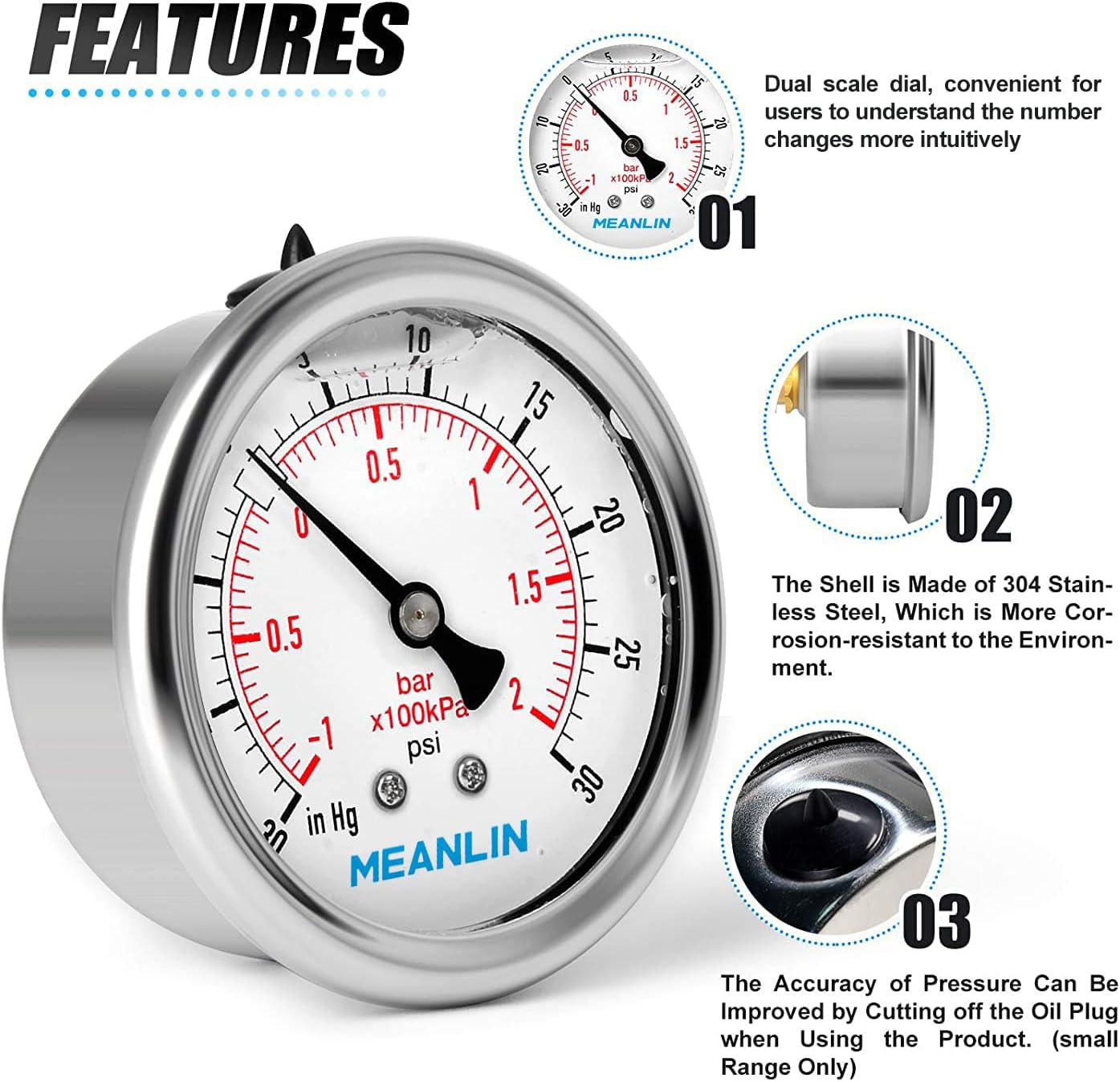 MEANLIN MEASURE -30~30Psi Stainless Steel 1/4" NPT 2.5" FACE DIAL Liquid Filled Pressure Gauge WOG Water Oil Gas Back Mount (Pack of 2） : Industrial & Scientific
