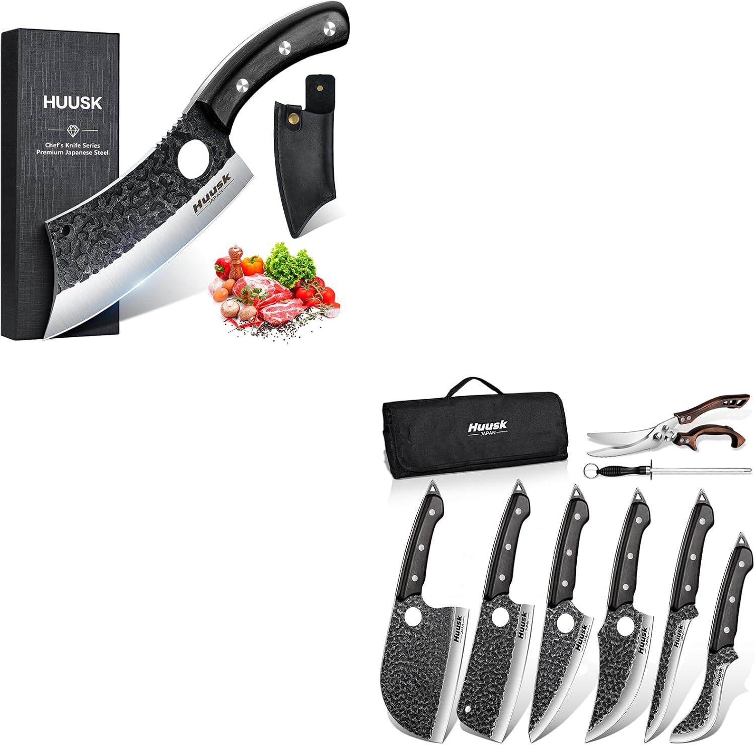 Huusk Serbian Chef Knife Set - 6Pcs Bundle with a Hand Forged Meat Cleaver Knife with Sheath,Full Tang Butcher Knife for Camping, BBQ, Gift for Men Women