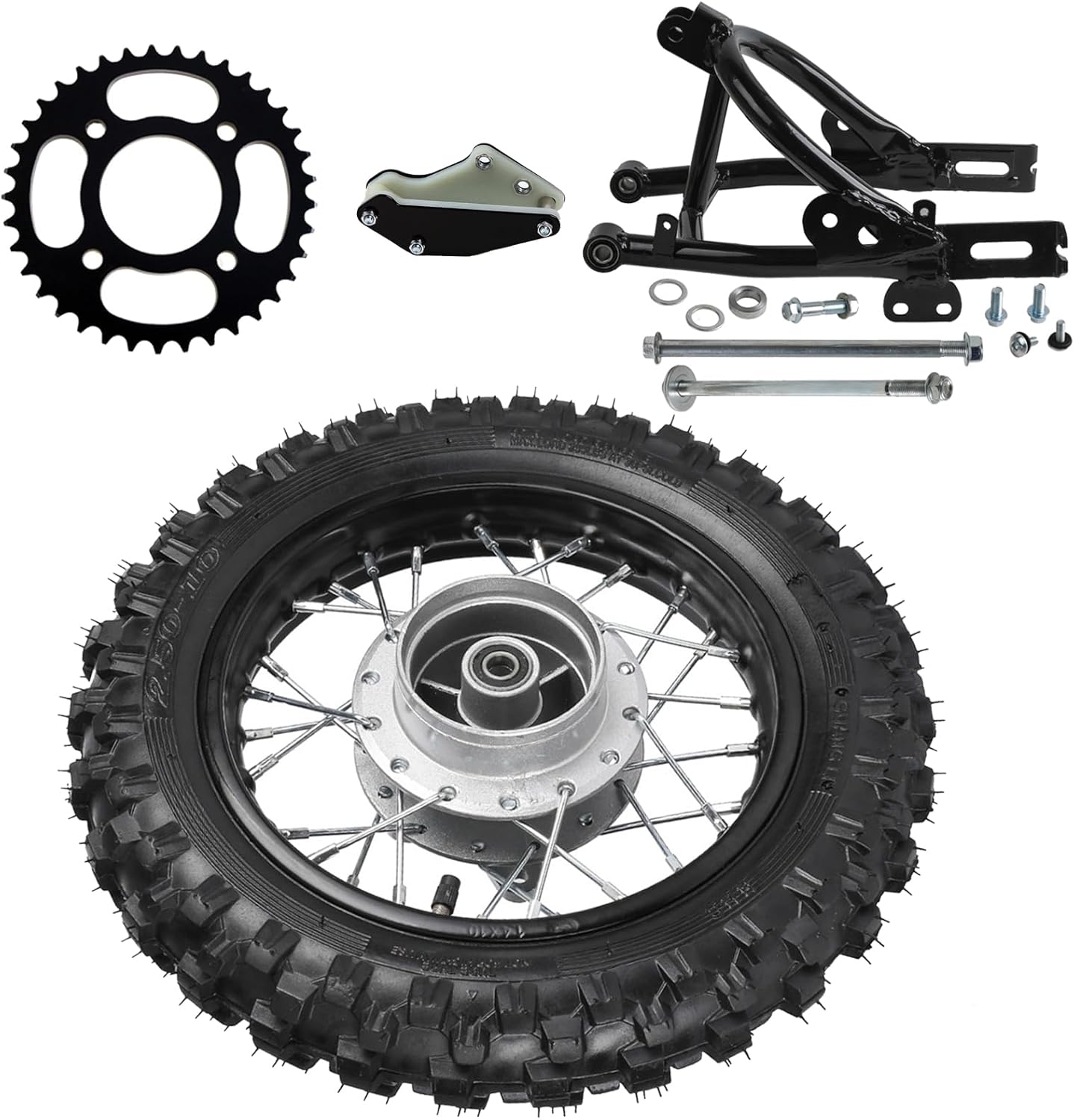 2.50-10 Rear Tire Wheel Assembly with 1.4x10 Rim, Inner Tube, 12mm Bearing & Rear Swingarm Kit – Fits CRF50, XR50, SSR Drum Brake Pit Dirt Bike Pocket Trail Mini Bikes Off-Road Motorcycle Motocross
