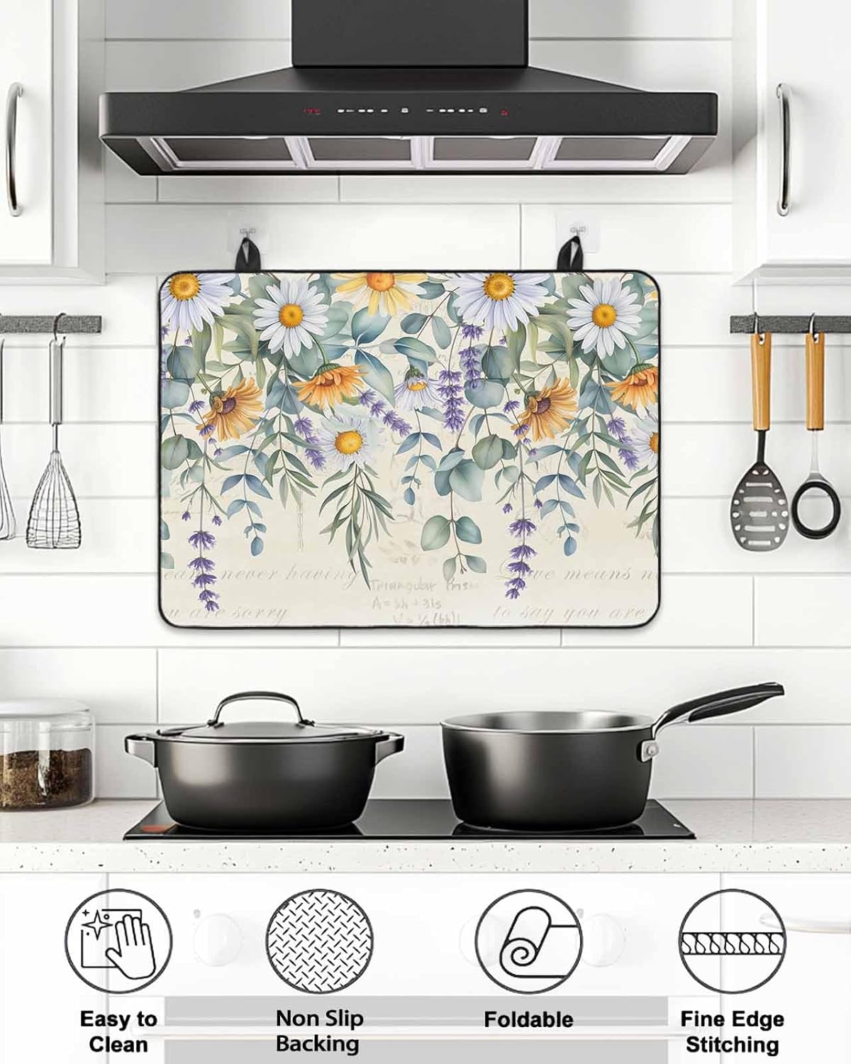Stove Cover for Electric Stove 24x21 Inch Eucalyptus Leaves Daisy Stove Top Cover Flowers Leaf Beige Glass Cooktop Covers Anti-Slip & Heat Resistant Countertop Protector Home Kitchen Decor