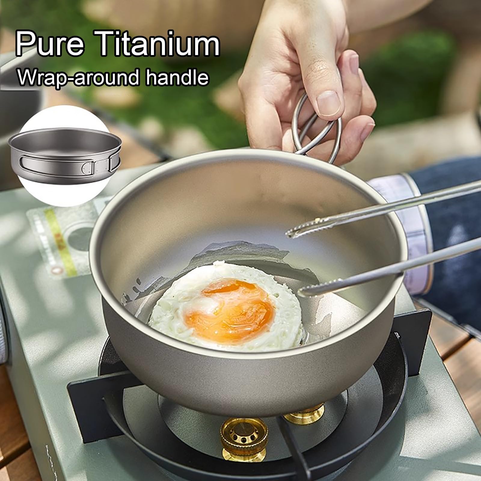 Poêle à Frire en Popote Titane, Vaisselle Camping, Casserole Camping, avec Poignée Pliable, pour Pique-Nique, Randonnée et Cuisine