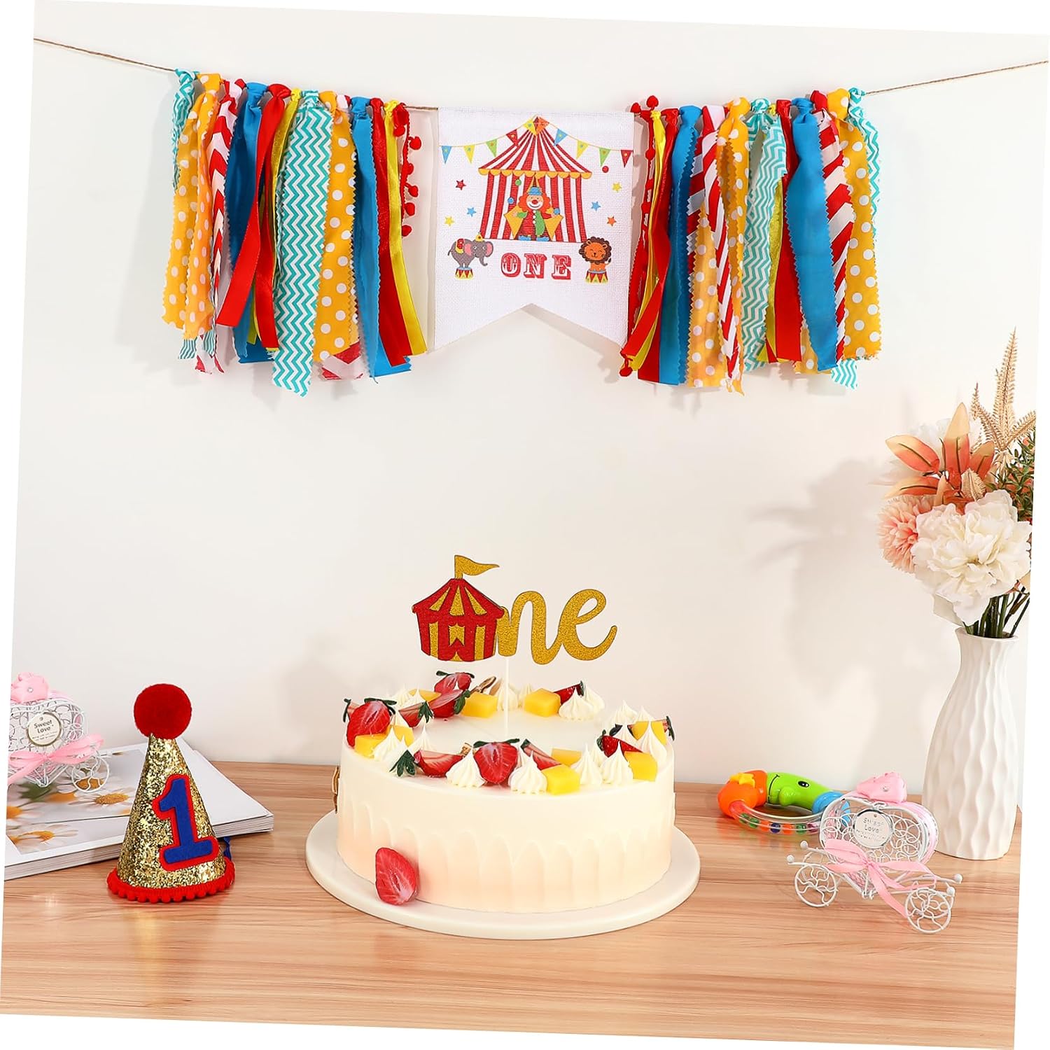PRETYZOOM 3-Piece 1St Birthday Banner Set with Circus Carnival Theme - Party Supplies Including Banner Cake Flag and Decorative Crown Hat for One-Year-Old Celebration