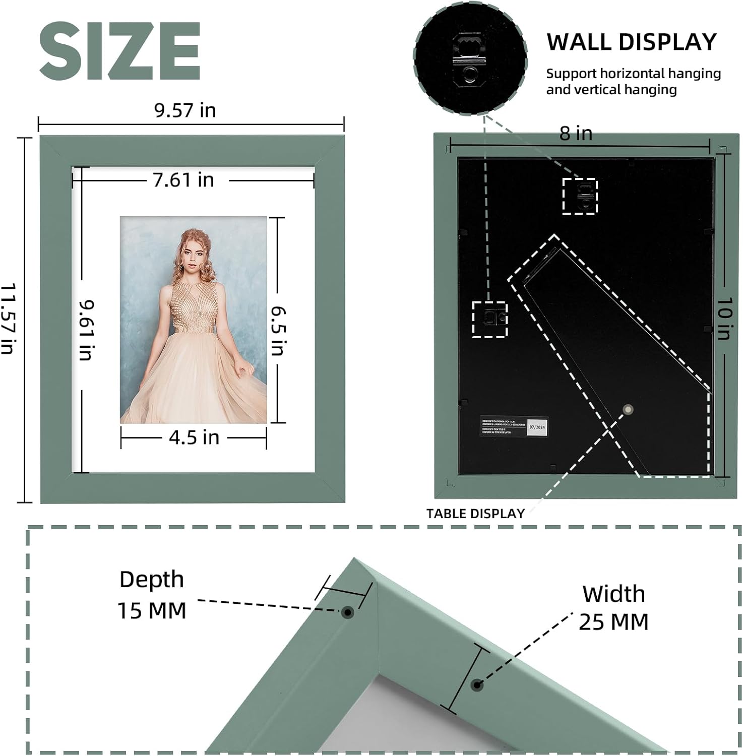 Muzilife 8x10 Wood Picture Frame with Real Glass Cover, Green Photo Frame Display Pictures 5x7 with Mat or 8x10 Without Mat, Vertical & Horizontal on Wall or Tabletop, 1pcs - Image 3