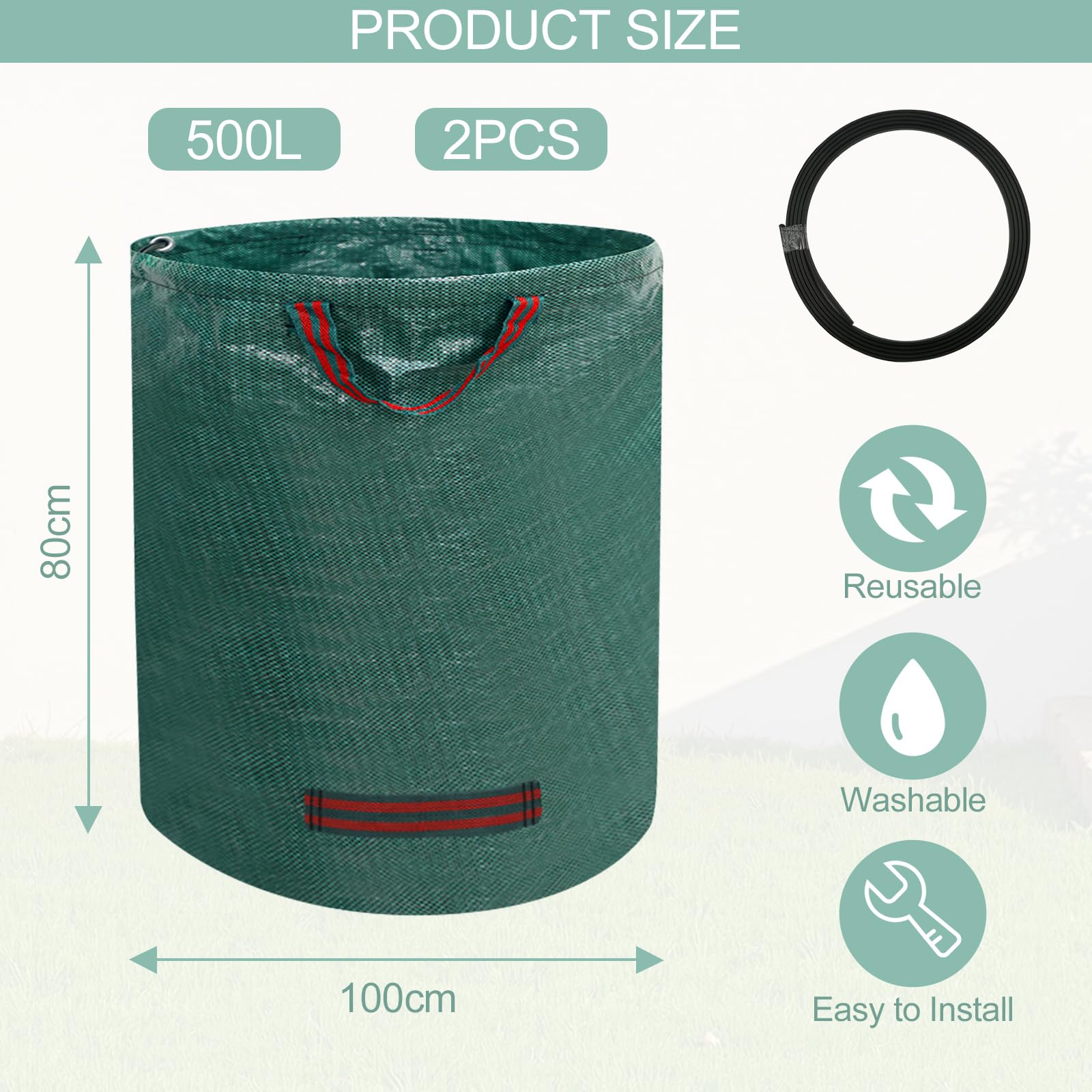 2 x 500L Garden Waste Sacks Gardening Sacks Garden Bags Garden Sacks with Handles for Leaves, Waste and Debris, Green - 2
