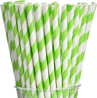 ALINK 100 Light Green and White Striped Paper Straws, Biodegradable Disposable Drinking Straws for Smoothie, Brithday, New Year, Party Decoration Supplies