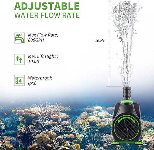 Miniatura 2 de FREESEA Bomba de agua sumergible para fuente: 800 GPH 45 W Bomba de acuario ultra silenciosa ajustable con 3 boquillas de elevación de 10 pies de