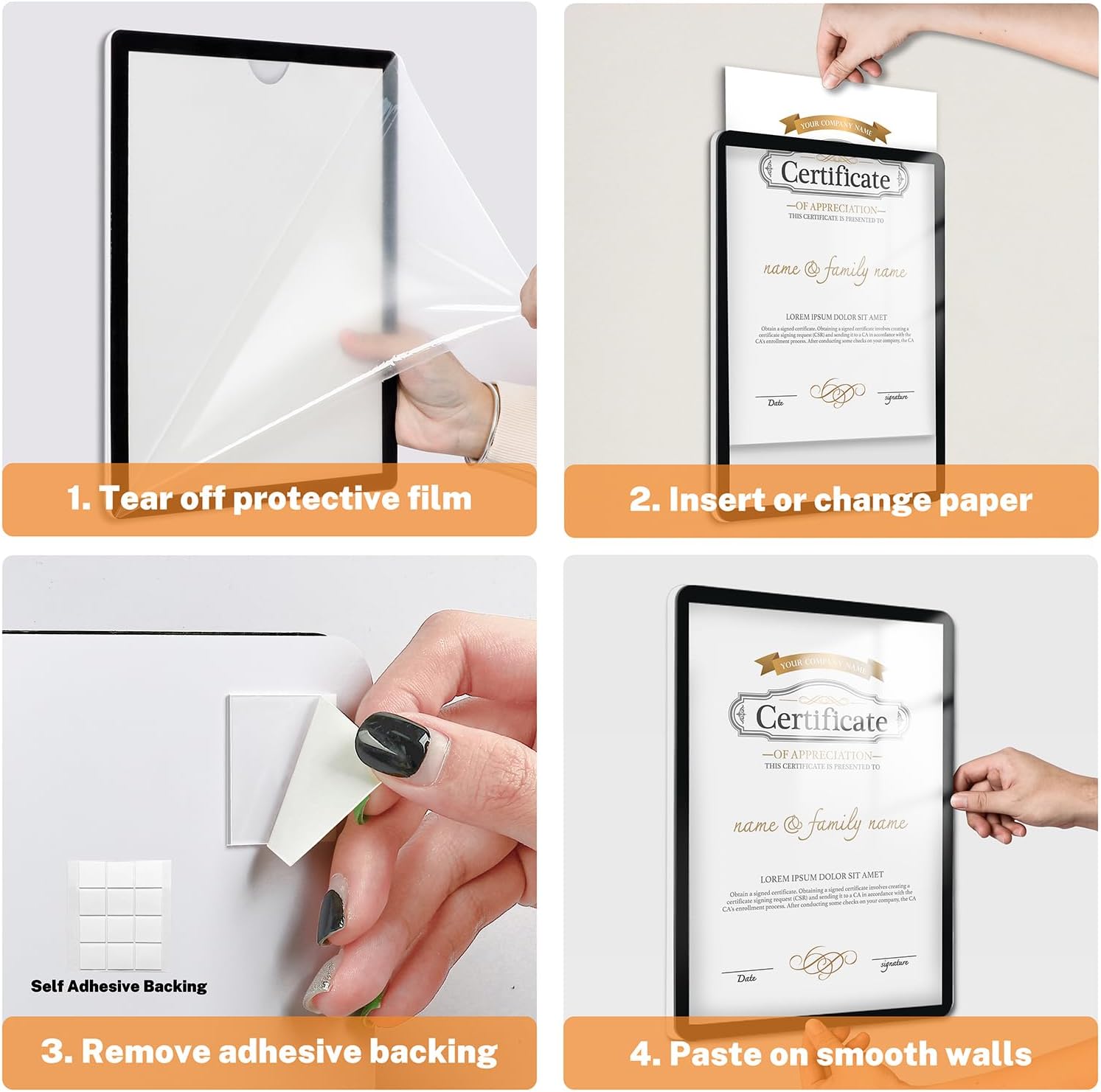 Sign Holder 8.5"x11" Wall-mounted 2 Pack, Self-Adhesive Display Frame for College Certificate/Poster/Paper/Picture Office/Store/School Display Sign Holder with Horizontal and Vertical (Black)