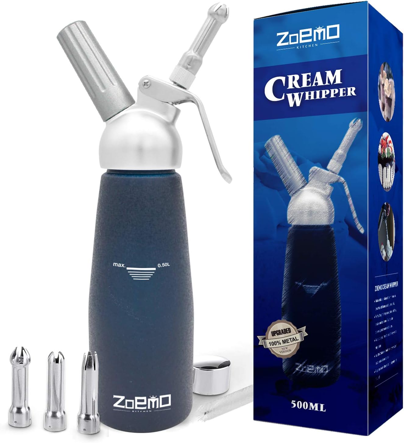 Profesional Cream Whipper - Ugraded Full Metal Whipped Cream Dispenser, w/Durable Metal Body & Head, 3 Stainless Steel Decorating Tips (500ml (One Pint), Sapphire Blue)