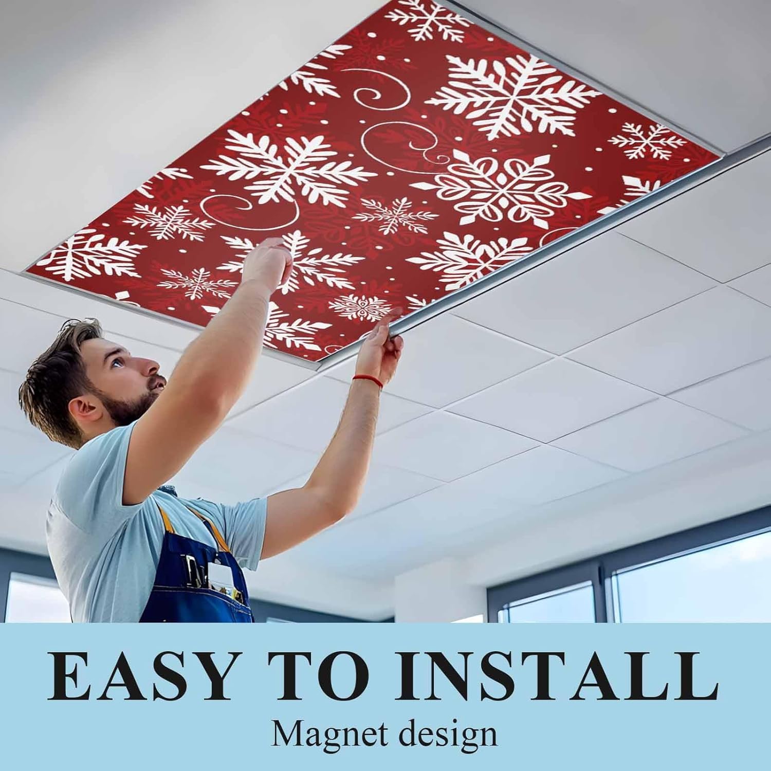 Christmas Fluorescent Light Cover Xmas Snowflakes White Magnetic Light Filters Snow Red Ceiling Light Covers for Classroom Office Home Drop Ceiling Lamp Decor 3 Pieces