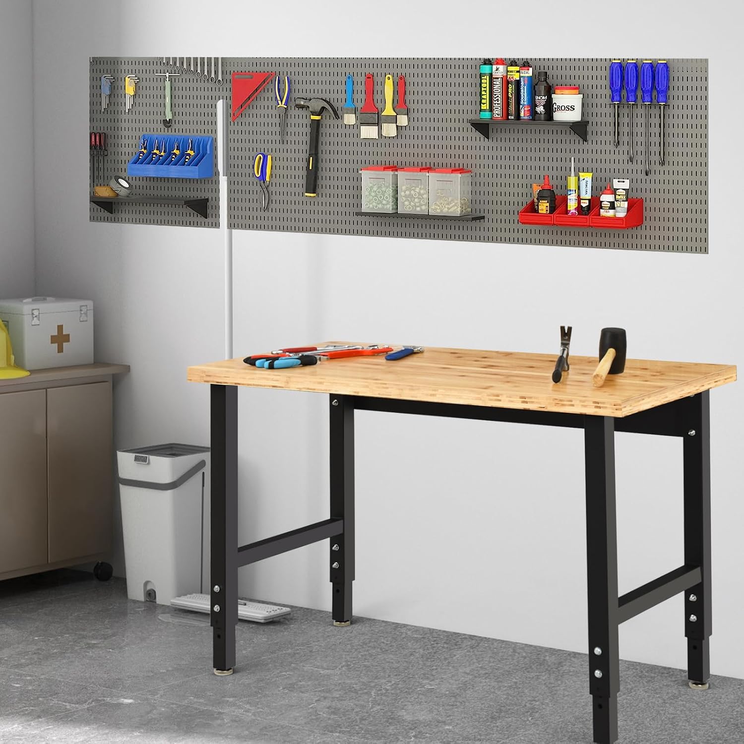 ERGOMASTER 48” Adjustable Work Bench, Heavy Duty Workbench for Garage, Bamboo Top Work Table, 1500 LBS Load Capacity & 15 Height Settings, for Workshop Home Office